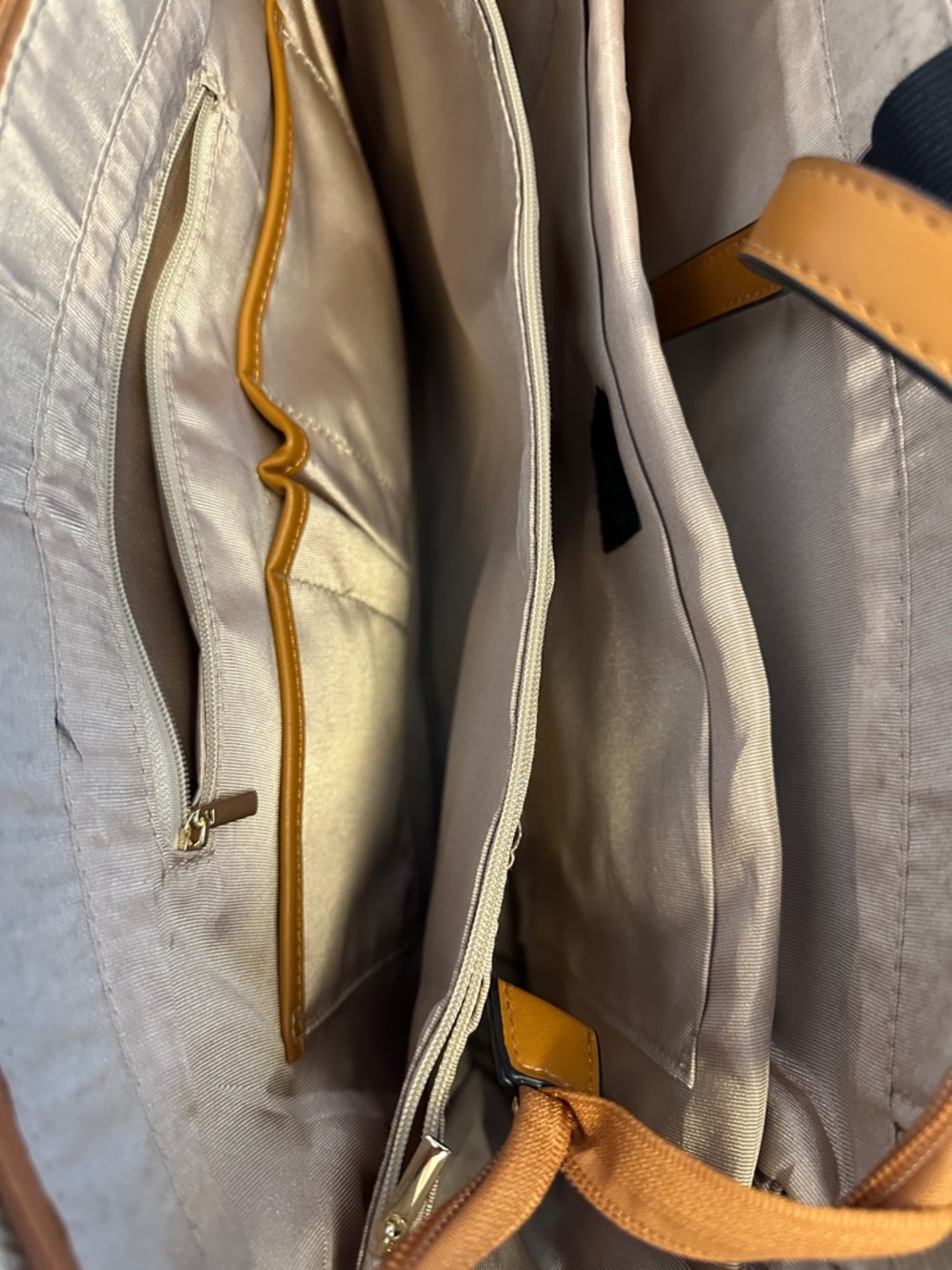 Canvas Tote Bag with Dark Blue Stripe and Brown Leather Handles - Picture 2 of 8